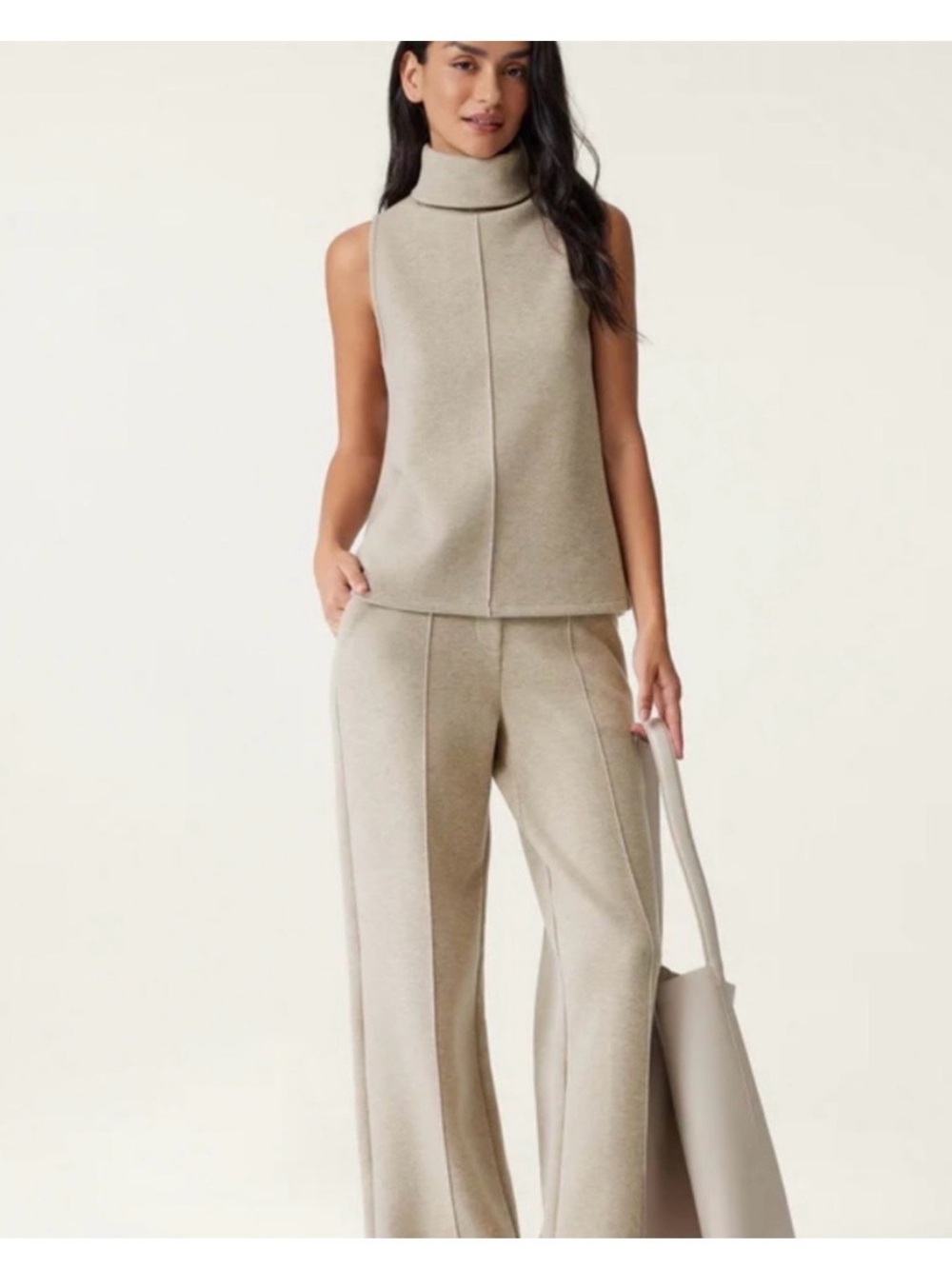 OGL Move Fuzz Luxe Set - Sleeveless Turtleneck Wide-Leg Pants Set in Light Beige